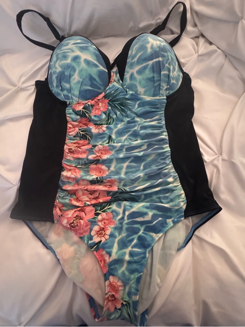 torrid Blue Floral Ruched One-Piece Swimsuit with Black Sides